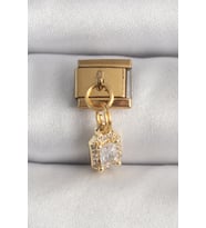 316L Çelik Gold Renk Sallantı Zirkon Taşlı Kare Model Nomination Charm TJ-BC1348