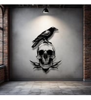 Karga ve Kafatası Temalı Metal Duvar Dekoru – Gotik ve Sanatsal Tasarım (Siyah)