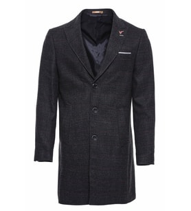 Geniş Sivri Yaka Ekose Antrasit Erkek Kısa Palto - Wessi (Siyah)