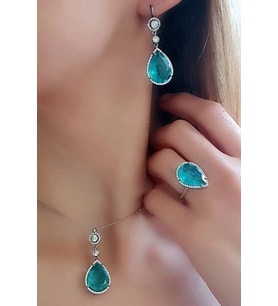 Doğal kırık kuvars taşlı gümüş lüks set takım