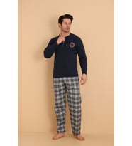 Falkom 7014 İnterlok Kışlık Ekose Pijamalı Erkek Pijama Takımı (Lacivert)