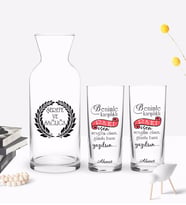 BK Gift Kişiye Özel Renkli Baskılı Karşılıklı Rakı Tasarımlı İkili Rakı Bardağı ve Karaf Hediye Seti-1 (Model 1)