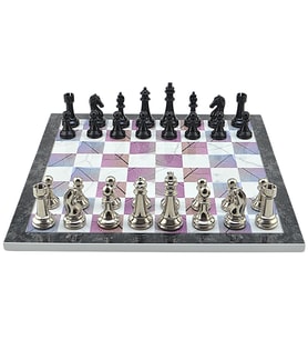 GiftHome Premium Black Metal Klasik Satranç Takımı ve Bahar Desenli MDF Satranç Tahtası (37X37 cm.)