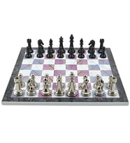 GiftHome Premium Black Metal Klasik Satranç Takımı ve Bahar Desenli MDF Satranç Tahtası (37X37 cm.)