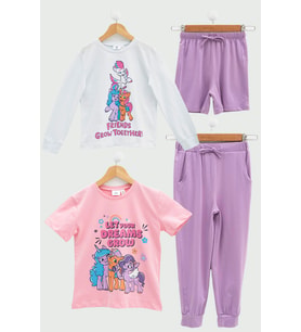4'lü My Little Ponny Tshirt Şort Pantolon Lila Takım 