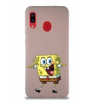 Samsung Galaxy A30 Soft Premier Kapak Sünger Bob Tasarımlı Silikon Kılıf - Pudra (Şeffaf)
