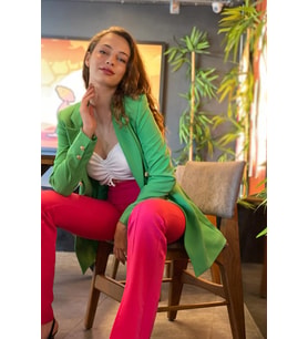 Omuzları Vatkalı Önü Çıtçıtlı Atlas Kumaş Kadın Blazer Ceket - Yeşil