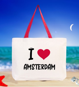 BK Gift I Love Amsterdam Renkli Kulp Kanvas Plaj Çantası 48x40m, Baskılı Omuz Çantası, Alışveriş Çantası (Kırmızı)