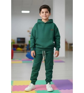 Kapüşonlu ve Kanguru Cepli Yeşil Renk Erkek Çocuk Eşofman Takım