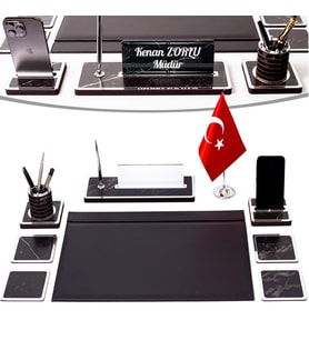 Star Bayraklı Mermer Desenli Ahşap Sümen Takımı Deri Sümen Seti Masa İsimliği - Gümüş