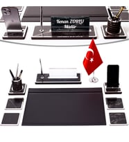 Star Bayraklı Mermer Desenli Ahşap Sümen Takımı Deri Sümen Seti Masa İsimliği - Gümüş