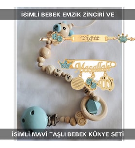 Sahi Aksesuar İsimli Bebek Emzik Zinciri ve İsimli Bebek Künye Seti BEZYI777