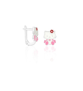 Gümüş Çocuk Küpe Kedi Motifli Pembe Mineli Klipsli Küpe 925 Ayar ST103