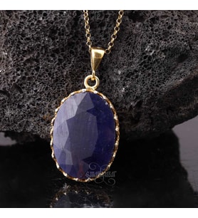 Orijinal Safir Taşı Altın Kaplama Oval Model Gümüş Kolye