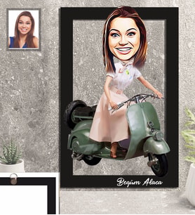 Kişiye Özel Vespa Motorcu Bayan Karikatürlü 3D Ahşap Tablo 30x47  Mod-1