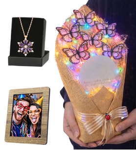 Kişiye Özel Fotoğraflı Renkli Led Işıklı Aynalı Kelebek Buketi ve Gerçek Ametist Taşlı Lotus Kolye (Beyaz)