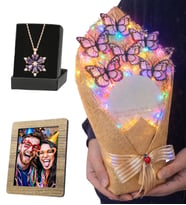 Kişiye Özel Fotoğraflı Renkli Led Işıklı Aynalı Kelebek Buketi ve Gerçek Ametist Taşlı Lotus Kolye (Beyaz)