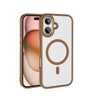 Coverzone iPhone 16 ile uyumlu K?l?f Wireless ?arj �zellikli Metal buton Z-Krom MagSafe ile uyumlu ?effaf Transparan Double Color Silikon Kapak Rose Brown
