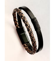 Siyah&Kahve %100 Deri 2Li Kombin Erkek Bileklik Set 21 cm (Türk El Üretimi) (Siyah - Kahverengi)