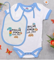 BK Kids İlk Babalar Günü Tasarımlı Mavi Bebek Body Zıbın ve Mama Önlüğü Hediye Seti-3