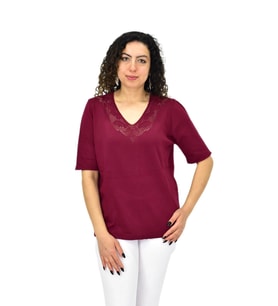 Kadın Yarım Kol V Yaka Yaka Sırt Detaylı Triko Tişöt 12837 BGL-ST04658 (Bordo)