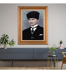 Altın Varaklı Çerçeveli Paspartulu Atatürk Tablo DC0730 (Gold)