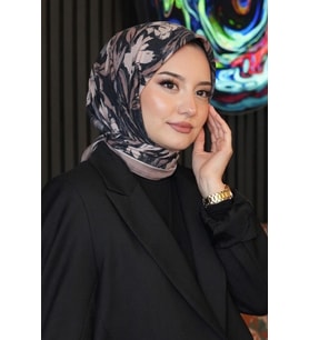 Zambak Çiçek Desen Siyah Soft Pamuk Eşarp (Standart)