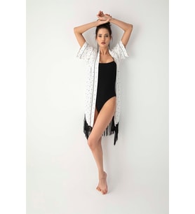 Monamise Kadın Puantiye Desenli Püsküllü Kısa Kollu Kimono (Beyaz)