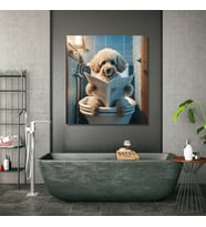 Tekli Kare Kanvas Banyo Tablosu Gazete Okuyan Beyaz Poodle