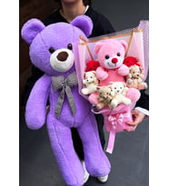 Sevgiliye Hediye 90cm Mor Ayıcık ve Büyük Ayıcıklı Ayıcık Buketi Peluş Buket Sevgililer Gunu Hediyesi 14 Şubat
