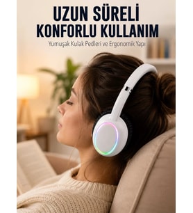 Beyaz Kablosuz Bluetooth Kulaklık Mikrofonlu Ergonomik Kulak Üstü Tasarım
