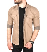 DeepSEA Erkek Bej Slim Fit Pamuklu Çift Cepli Kot Gömlek Çıtçıtlı Uzun Kollu Spor Gömlek 2502503