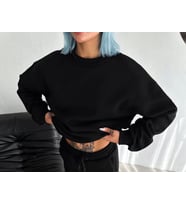 Kışlık Bisiklet Yaka Üç İplik Basic SweatShirt - Siyah
