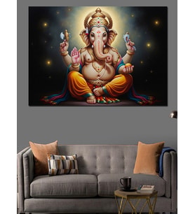 Altın Renkli Meditasyon Yapan Ganesha Dekoratif Kanvas - Mdf Ahşap Tablo