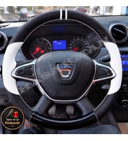 Dacia Logan MCV Mk2 Dikme Direksiyon Kılıfı Delikli Deri Parlak Siyah Beyaz Detay Çift Yüzük ve Dikiş 2017-2021