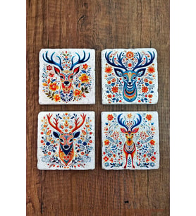 Doğal Taş Bardak Altlığı 4'lü Set 10x10x1 cm Renkli Geyik Desen Baskılı-Stone Coasters