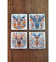 Doğal Taş Bardak Altlığı 4'lü Set 10x10x1 cm Renkli Geyik Desen Baskılı-Stone Coasters