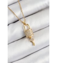 Tegan 316L Çelik Zirkon Taşlı Kilit Ve Sallantılı Anahtar Model Gold Renk Kadın Kolye TG27BKO10353 (Çok Renkli)