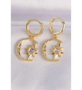 Pirinç Gold Renk Zirkon Taşlı Yıldızlı Ay Tasarım Küpe