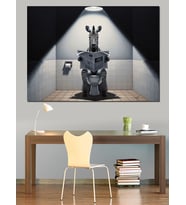 Tuvalette Telefonla Oynayan Modern Robot Dekoratif Kanvas - Mdf Ahşap Tablo