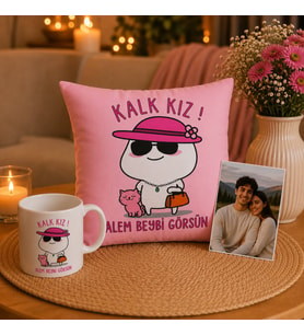 Kişiye Özel Kalk Kız Alem Beybi Görsün Baskılı Kupa ve Dekoratif Yastık Hediye Seti