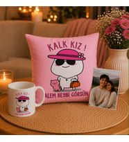 Kişiye Özel Kalk Kız Alem Beybi Görsün Baskılı Kupa ve Dekoratif Yastık Hediye Seti