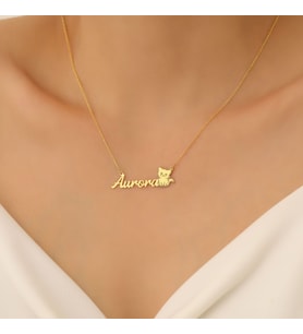 Kişiye Özel 925 Ayar Gümüş Minimal Kedi Figürlü İsim Kolye (Gold)