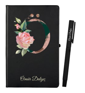 Harf Tasarımlı Kişiye Özel Hediye Siyah Defter ve Siyah Roller Kalem Seti