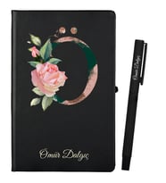 Harf Tasarımlı Kişiye Özel Hediye Siyah Defter ve Siyah Roller Kalem Seti