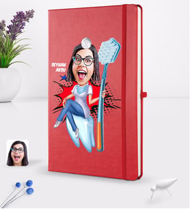 BK Gift Kişiye Özel Kadın Diş Hekimi Karikatürlü Kırmızı Termo Deri Defter 16x24cm Model 3
