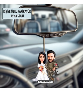 Kişiye Özel 2 Kişilik Asker Ve Gelin Sevgili Karikatürlü 10 cm MDF Araç Dikiz Aynası Süsü - Askere ve Komutana Hediye Asker Hediyesi