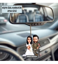 Kişiye Özel 2 Kişilik Asker Ve Gelin Sevgili Karikatürlü 10 cm MDF Araç Dikiz Aynası Süsü - Askere ve Komutana Hediye Asker Hediyesi
