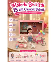 Oyuncak Bebek Seti Motorlu Bisikletli Ve Kedili 10 Parça Aksesuarlı Evcilik Oyuncağı (15 cm)