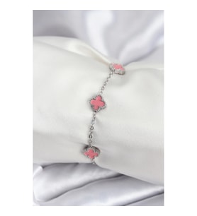 Mey İthalat® 316L Çelik Gümüş Renk Pembe Baby Boy Yonca Kadın Bileklik